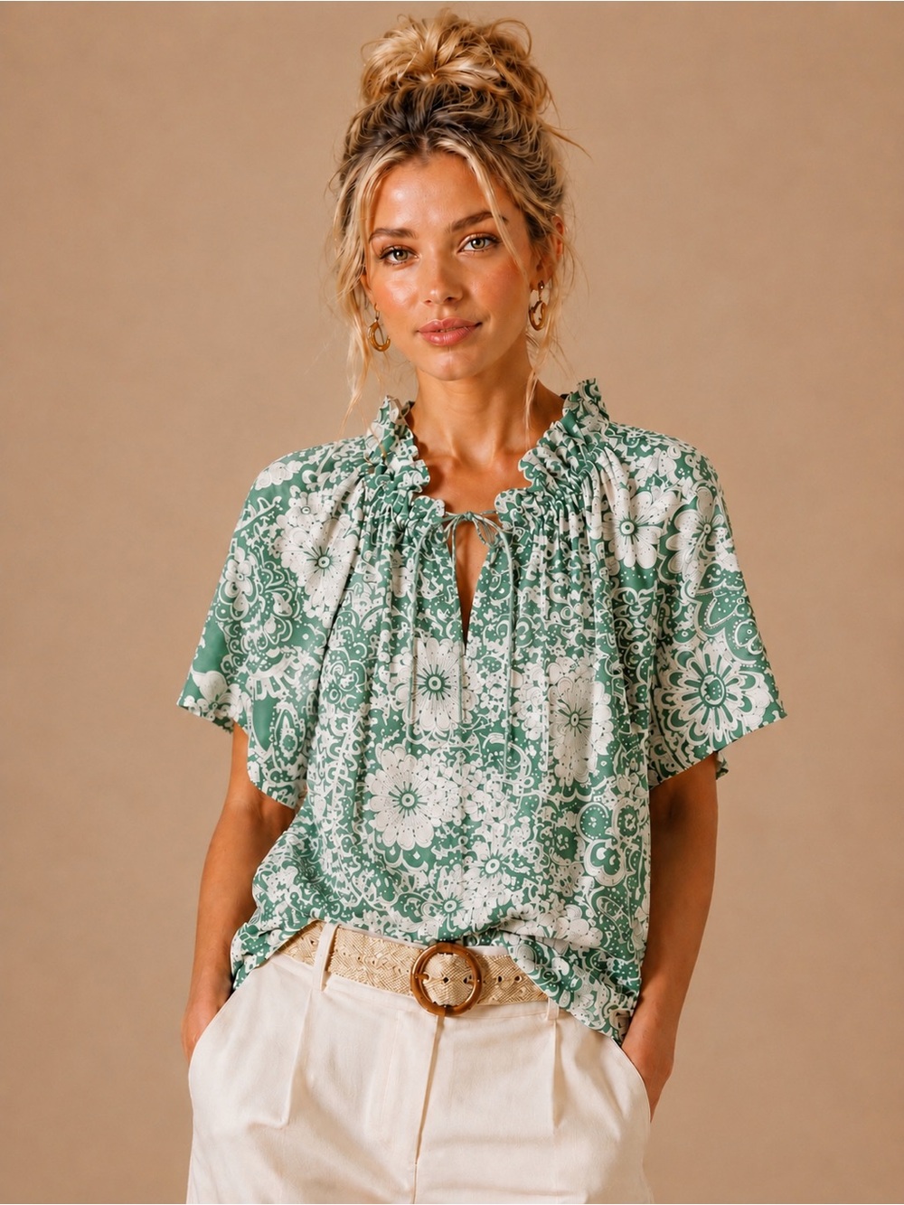 Anthropologie Hyacinth House Green White Floral Ruffle Tie Neck Boho Blouse Top